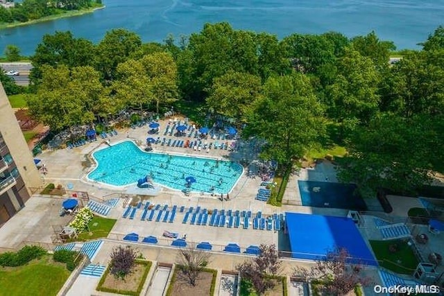 aerial view featuring a water view