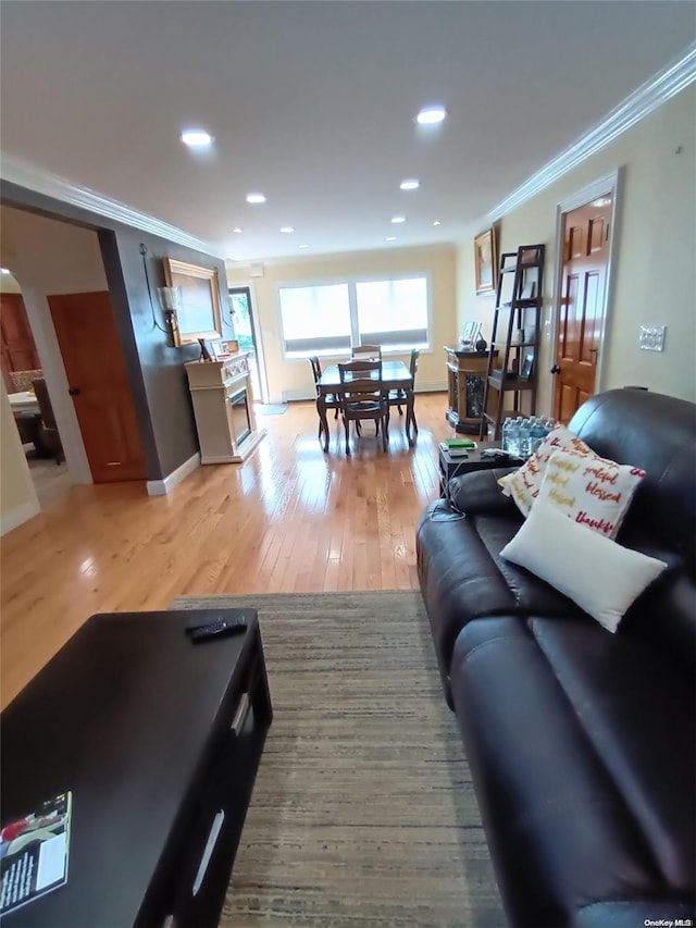 living room with light hardwood / wood-style floors and ornamental molding