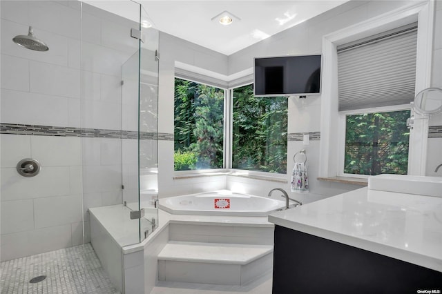 bathroom featuring plenty of natural light, vanity, and independent shower and bath