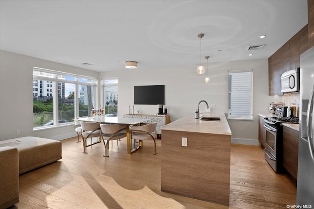 kitchen featuring light wood-type flooring, a center island with sink, stainless steel appliances, and sink