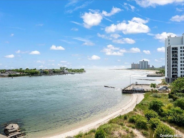 view of water feature with a beach view