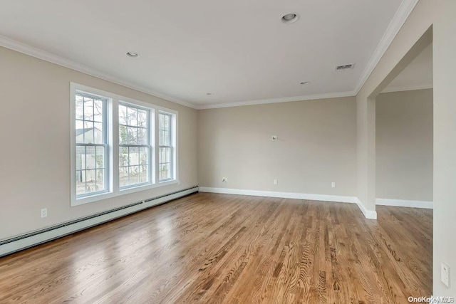 unfurnished room with a baseboard radiator, light hardwood / wood-style flooring, and ornamental molding