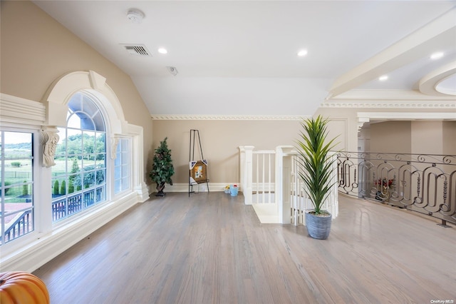 interior space featuring wood-type flooring and vaulted ceiling