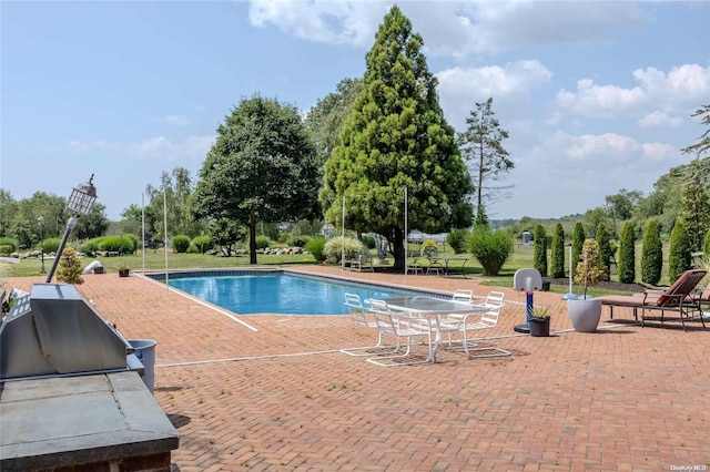 view of pool with area for grilling and a patio