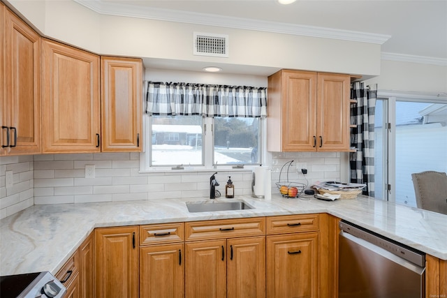 kitchen featuring sink, dishwasher, stove, ornamental molding, and decorative backsplash