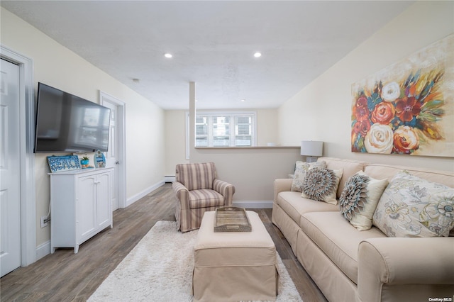 living room with a baseboard heating unit and hardwood / wood-style flooring