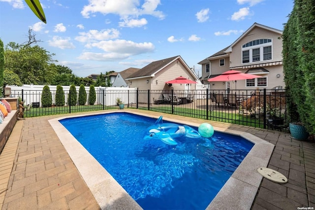 view of swimming pool featuring a patio area