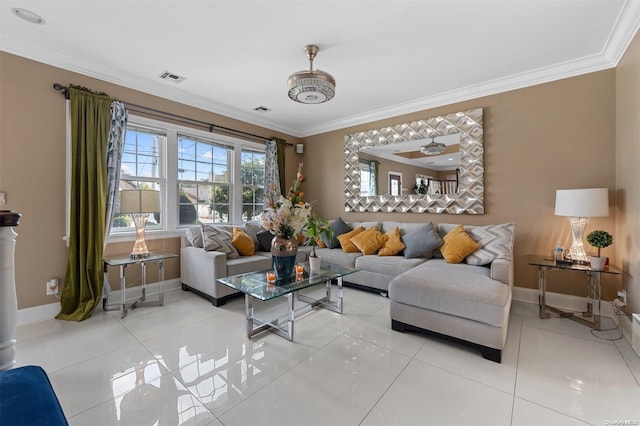 living room featuring ceiling fan, light tile patterned floors, and ornamental molding