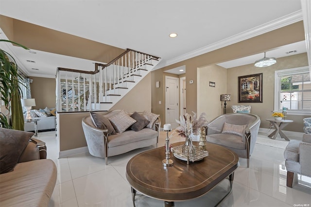 living room with light tile patterned flooring and crown molding