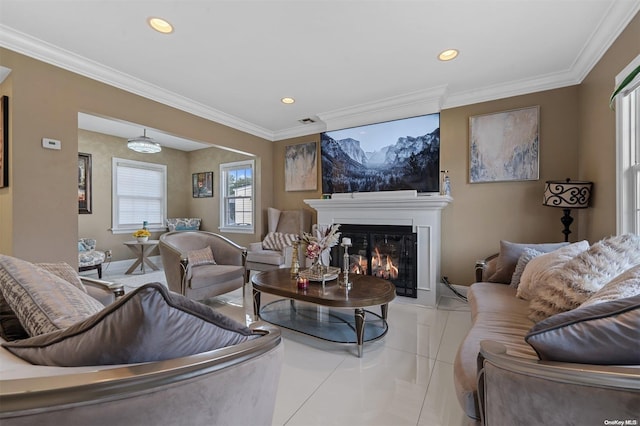 living room with light tile patterned flooring and ornamental molding