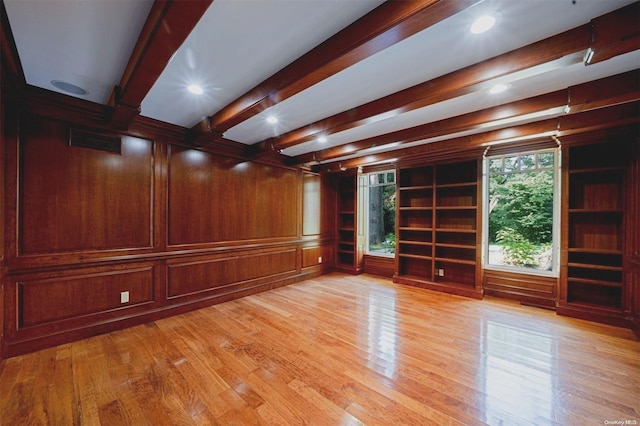 spare room featuring built in features, beam ceiling, light hardwood / wood-style flooring, and wooden walls