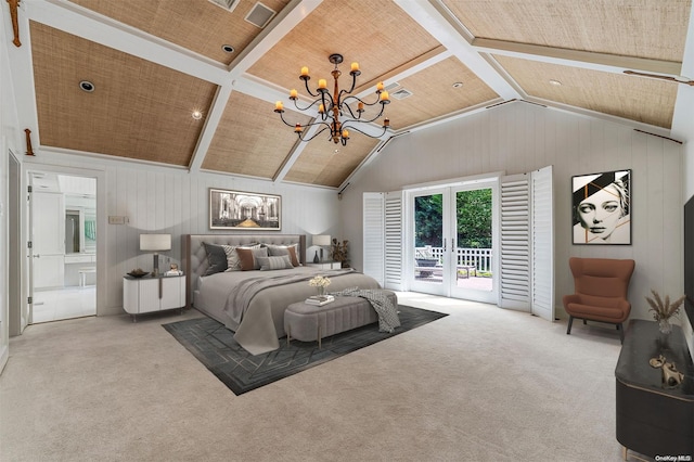 carpeted bedroom with access to exterior, french doors, wood ceiling, and a notable chandelier