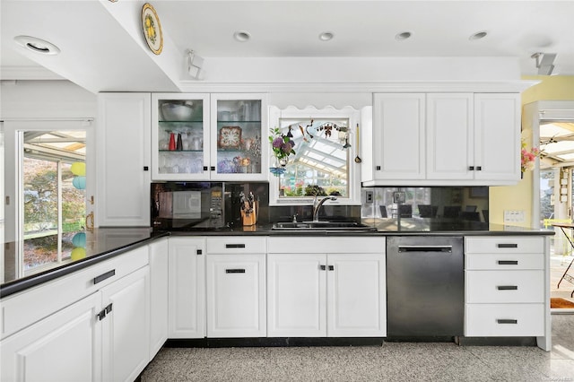 kitchen with a wealth of natural light, sink, white cabinets, and stainless steel dishwasher