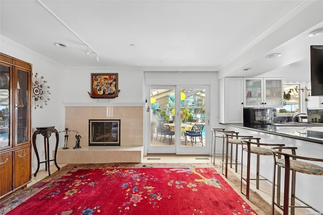 living room with a tile fireplace, track lighting, and crown molding