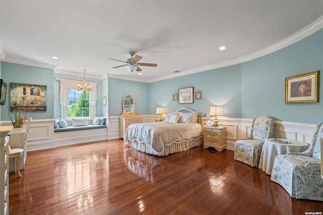 bedroom with ceiling fan with notable chandelier, hardwood / wood-style flooring, and crown molding