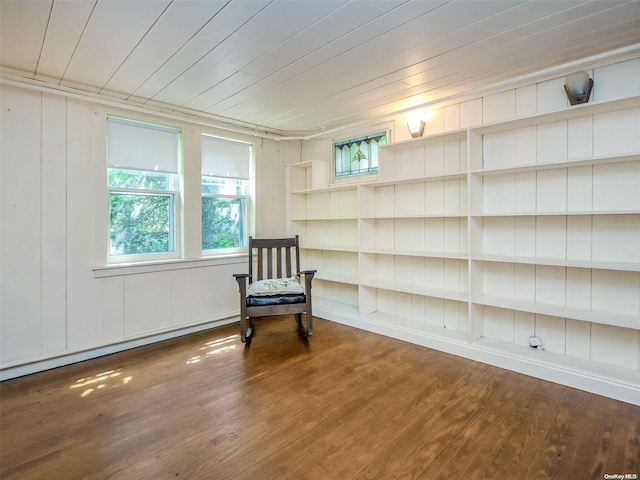 sitting room with hardwood / wood-style floors and wooden ceiling