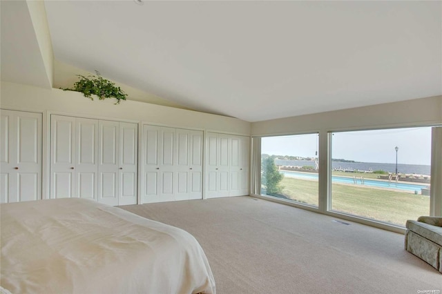 bedroom featuring carpet, two closets, access to outside, and vaulted ceiling