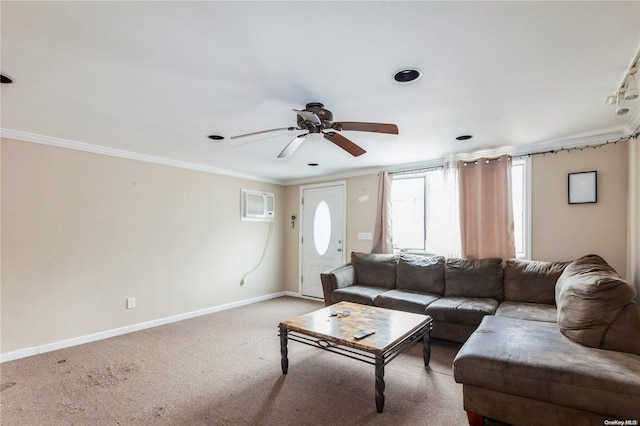 living room featuring a wall mounted air conditioner, ceiling fan, light colored carpet, and crown molding