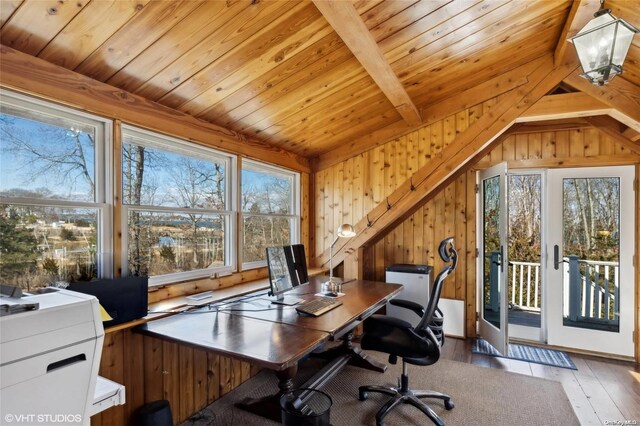 home office with vaulted ceiling with beams, hardwood / wood-style flooring, wood ceiling, and wood walls