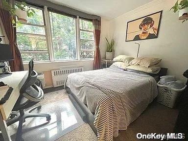 bedroom with carpet flooring and radiator heating unit