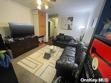 living room with ceiling fan, carpet, and ornamental molding