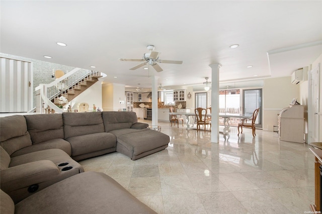 living room featuring a wall unit AC and ceiling fan