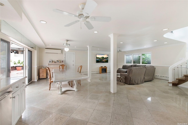 dining area featuring a wall mounted air conditioner, ornamental molding, ceiling fan, and a baseboard heating unit