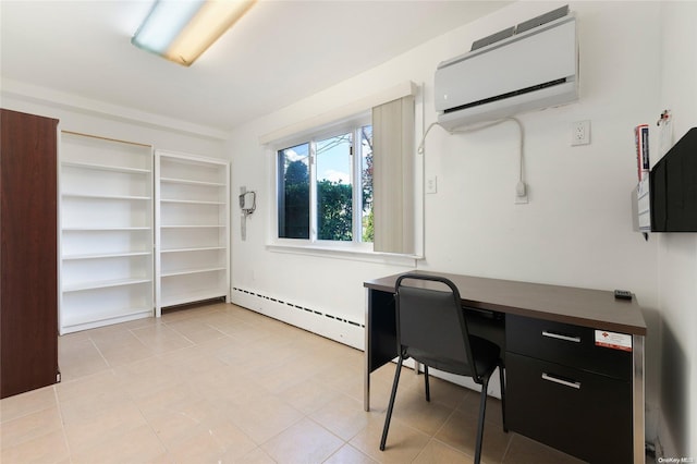 tiled office featuring baseboard heating and a wall mounted AC