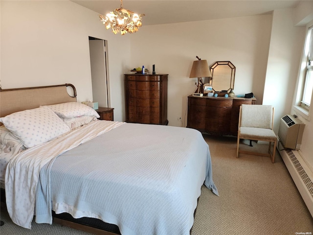 bedroom with an AC wall unit, carpet, a baseboard heating unit, and a notable chandelier