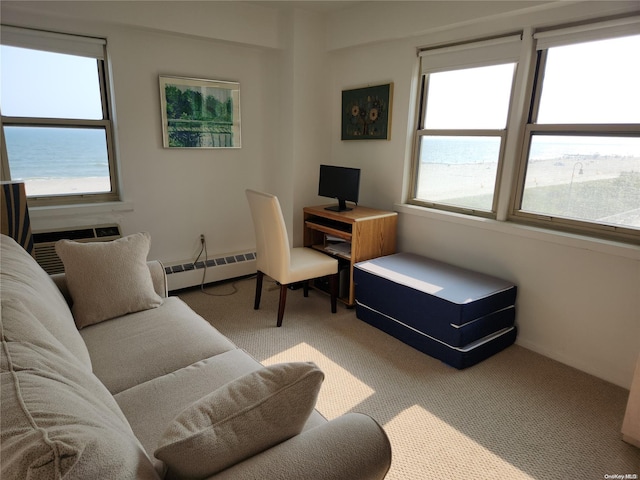 carpeted office featuring baseboard heating, a water view, and a healthy amount of sunlight