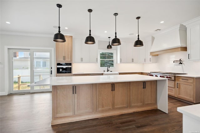 kitchen featuring custom exhaust hood, dark wood-type flooring, a spacious island, white cabinets, and oven