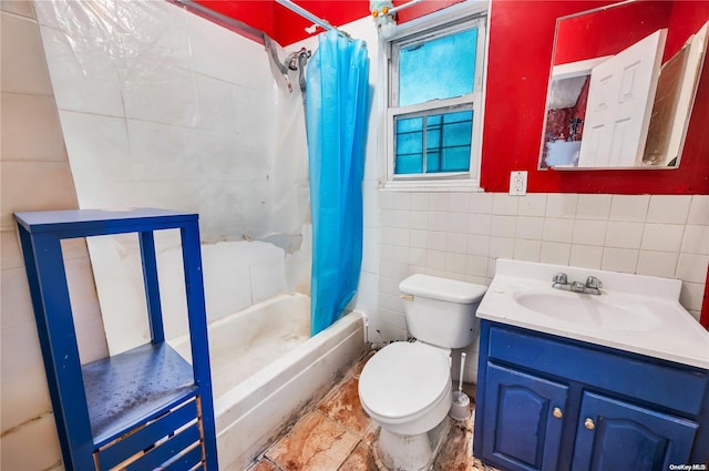 full bathroom featuring shower / bath combo, toilet, tile walls, and vanity