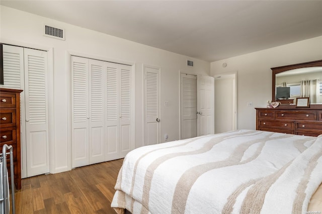 bedroom featuring two closets and hardwood / wood-style flooring