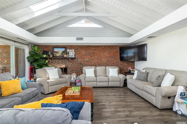 living room with lofted ceiling with beams, wood ceiling, dark wood-type flooring, and brick wall