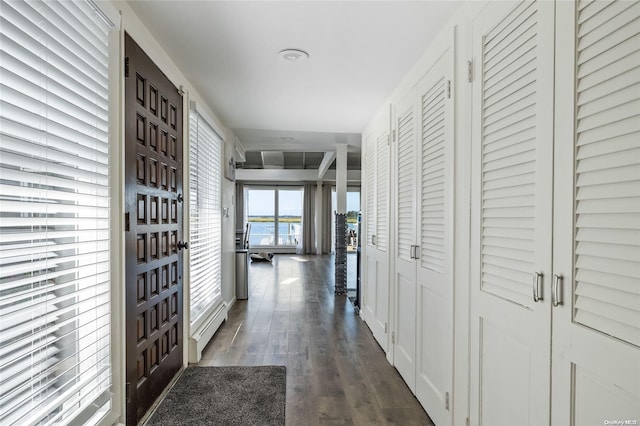 hallway featuring dark hardwood / wood-style floors and baseboard heating