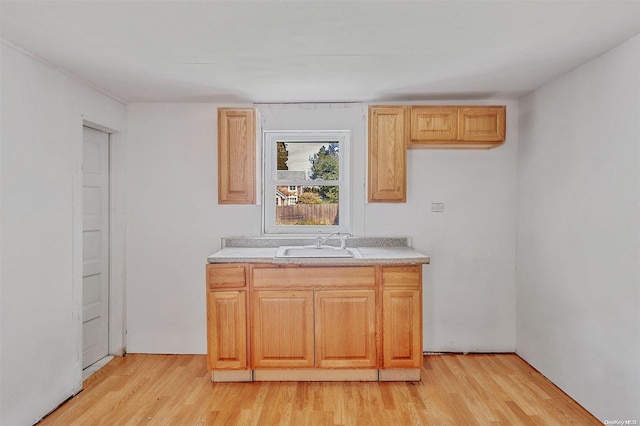 kitchen with sink, light brown cabinetry, and light hardwood / wood-style flooring