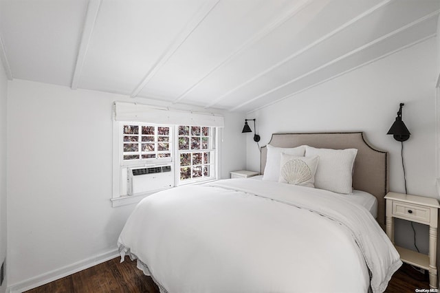 bedroom with vaulted ceiling with beams, cooling unit, and dark wood-type flooring