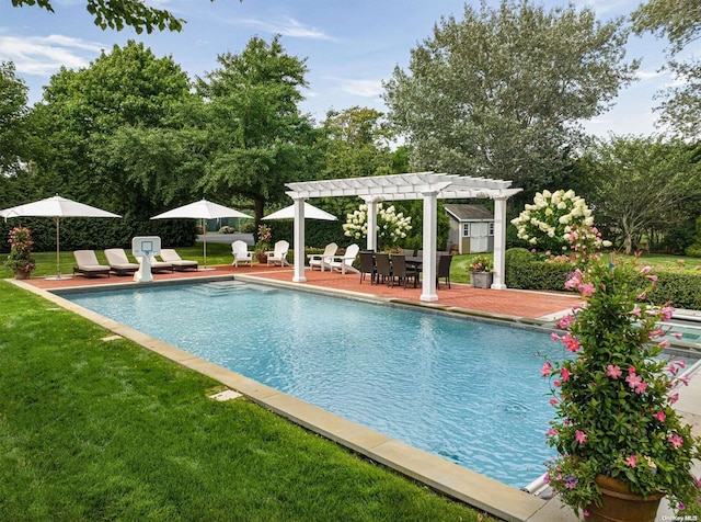 view of swimming pool with a pergola, a lawn, and a patio