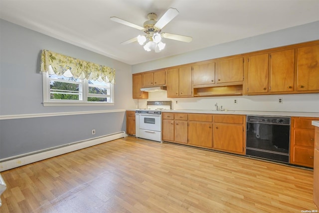 kitchen with white range oven, black dishwasher, a baseboard radiator, and light hardwood / wood-style flooring