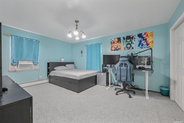 bedroom featuring carpet flooring, cooling unit, baseboard heating, and an inviting chandelier