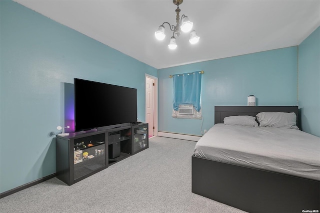 bedroom featuring carpet floors, cooling unit, baseboard heating, and a notable chandelier