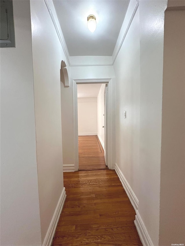 hallway featuring electric panel and dark hardwood / wood-style floors