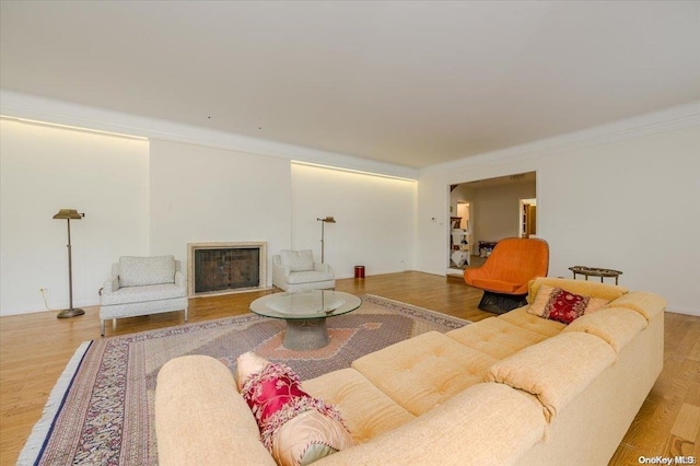 living room with wood-type flooring and ornamental molding