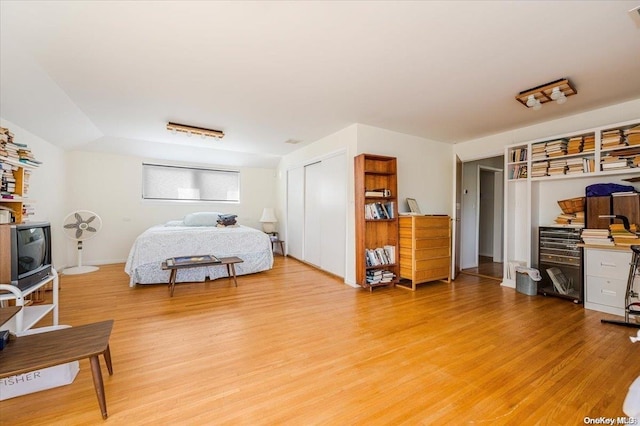 bedroom with light wood-type flooring and a closet