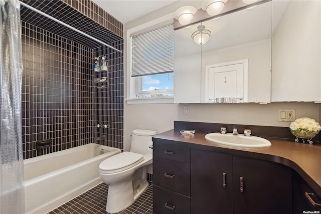 full bathroom with tile patterned floors, vanity, shower / tub combo, and toilet