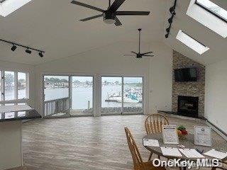 121 Williamson St, East Rockaway, NY 11518 - dining room featuring track lighting, a skylight, vaulted ceiling, and plenty of natural light