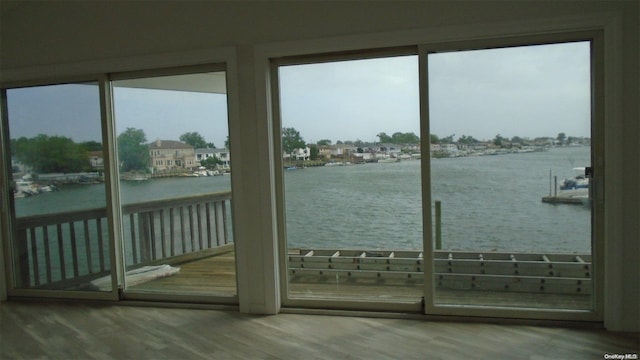 entryway featuring hardwood / wood-style floors and a water view