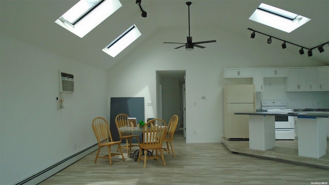 dining area featuring a wall mounted air conditioner, baseboard heating, ceiling fan, high vaulted ceiling, and light hardwood / wood-style floors