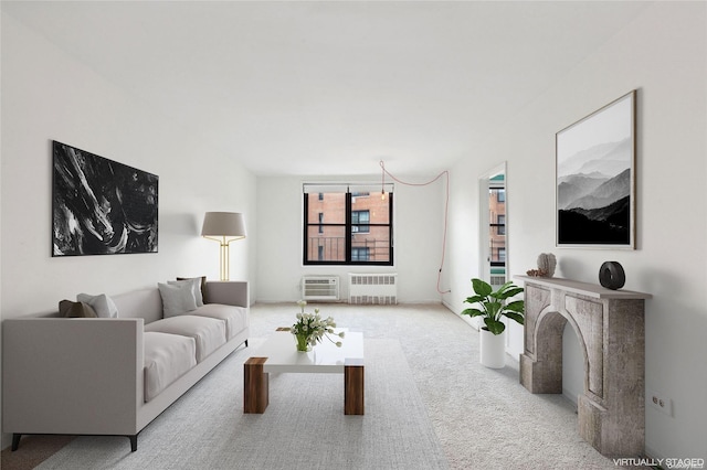 living room featuring carpet floors and radiator