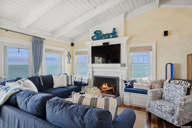 living room with lofted ceiling with beams and wood-type flooring